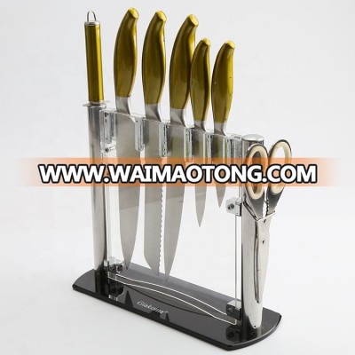 Scissors 8 Pcs Stainless Steel Kitchen Knife Set Cutting With  Acrylic Stand & Sharpener